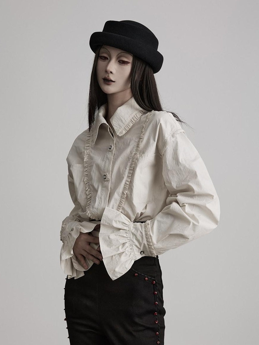 INDULGE Elegant Pleated Loose Fit Stand Collar Long Sleeve Cotton Blend Daily Blouses