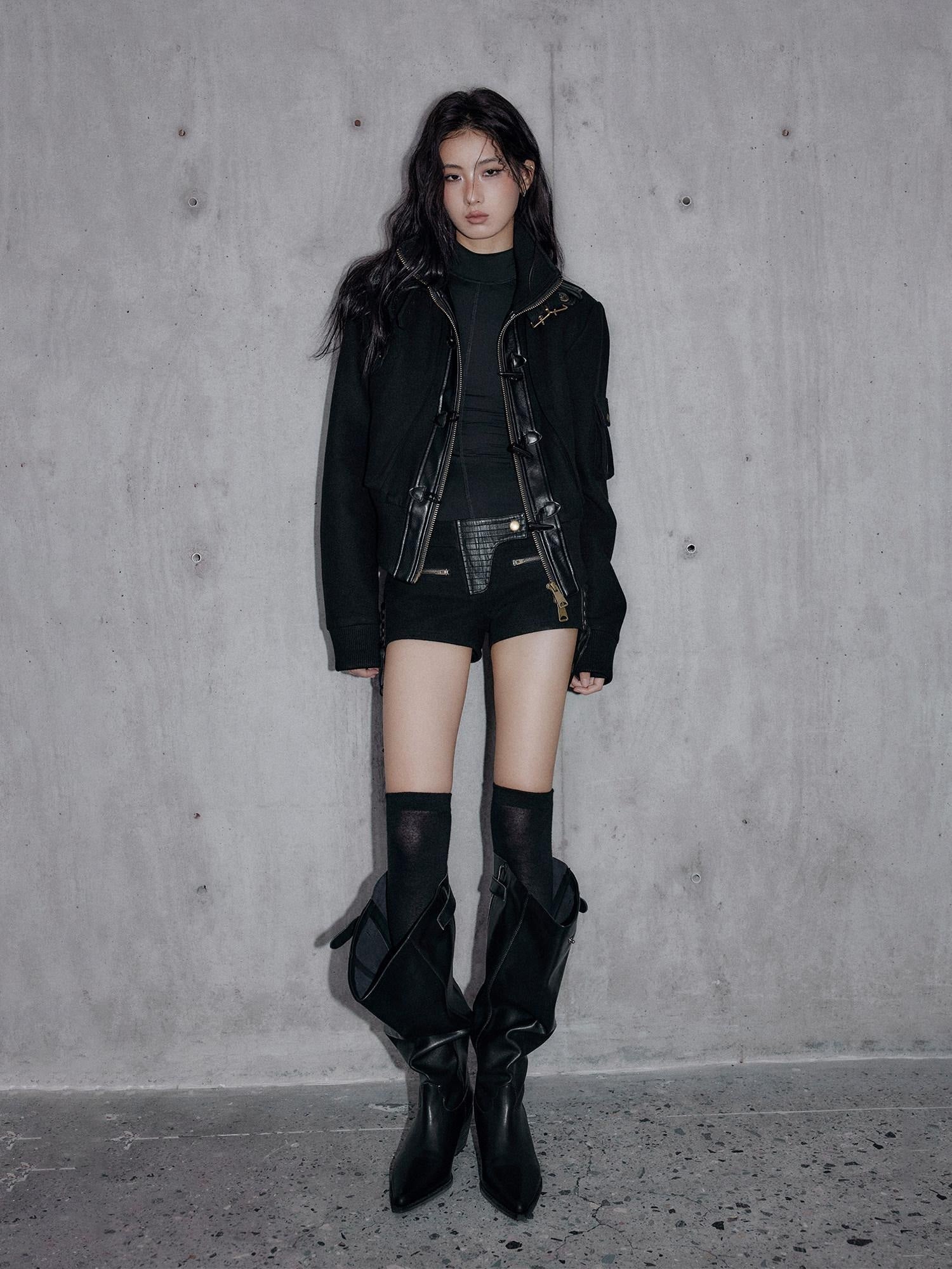 Low pixel Thick Wool Blend Slim Fit Street Hippie Stand Collar Black Cropped Jackets