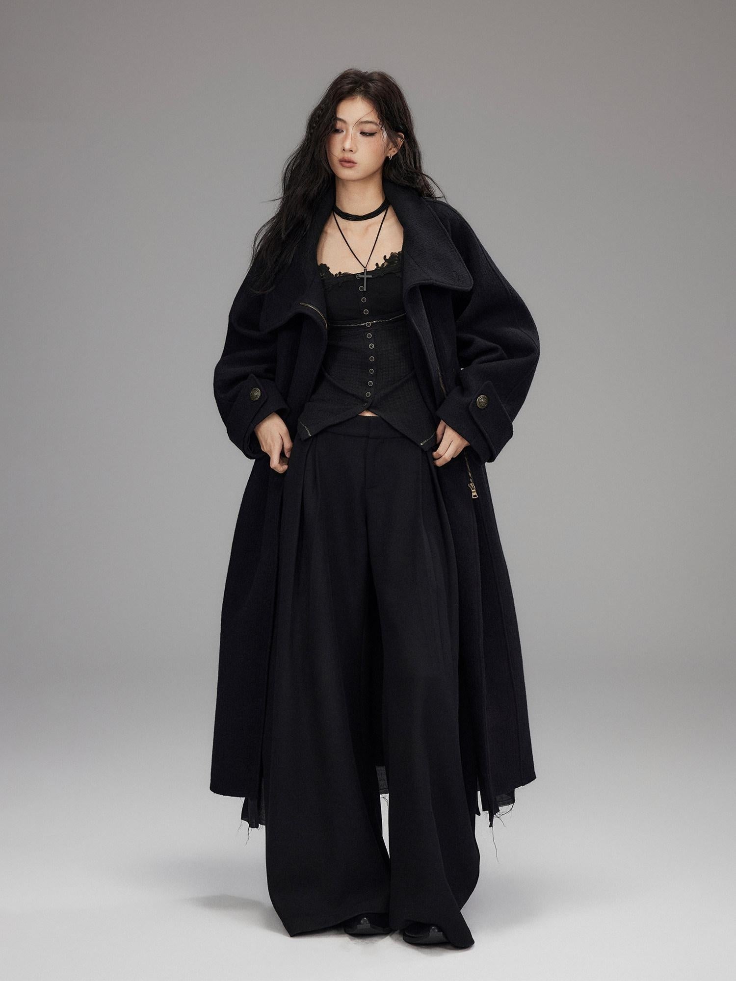 Low pixel Black Wool Blend Low Rise Zipper Casual Straight Hem Women Wide Leg Pants