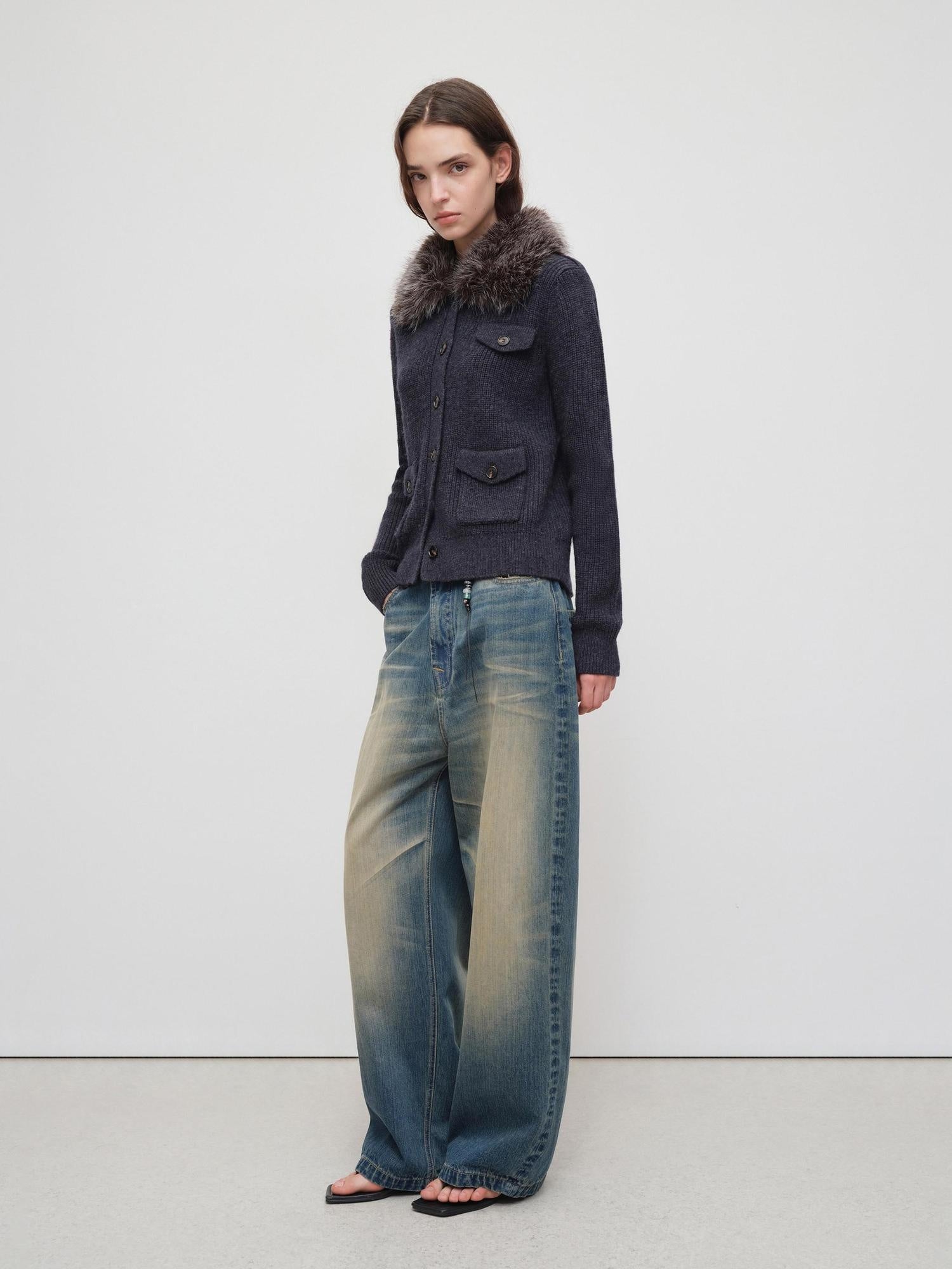 RUN TO THE FUTURE Durable Distressed Vintage Blue Low Rise Wide Leg Casual Denim Straight Jeans