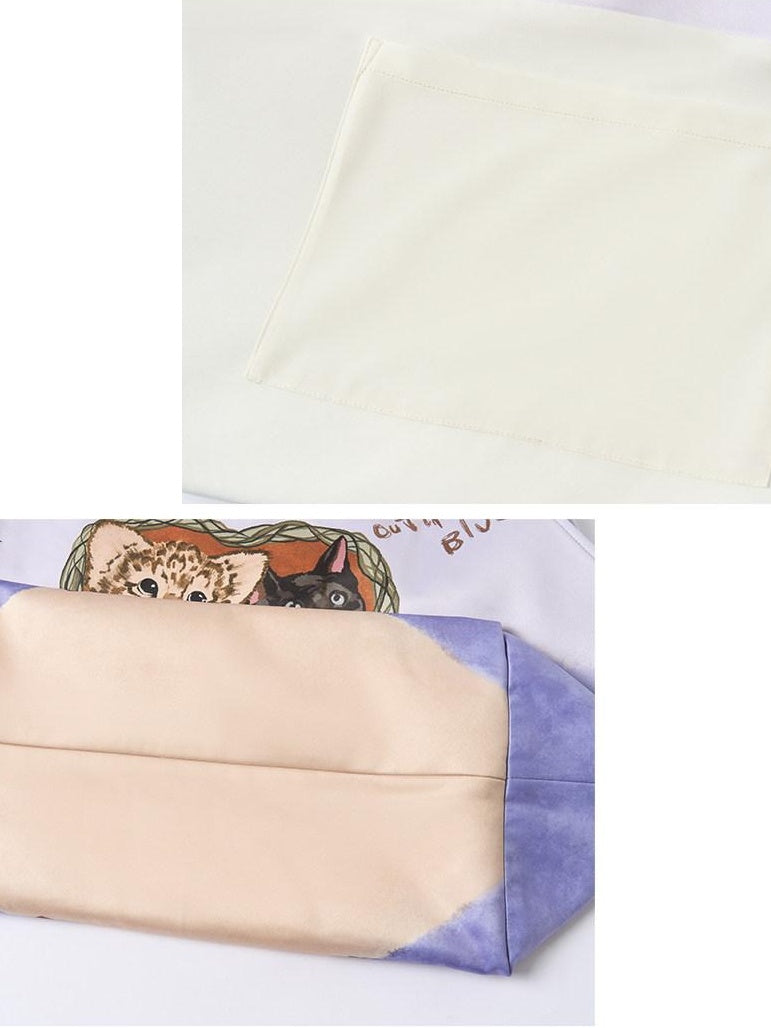 OuttheBlue Cute Cat Print Light Purple Roomy Square Double Strap Shoulder Women Tote Bags