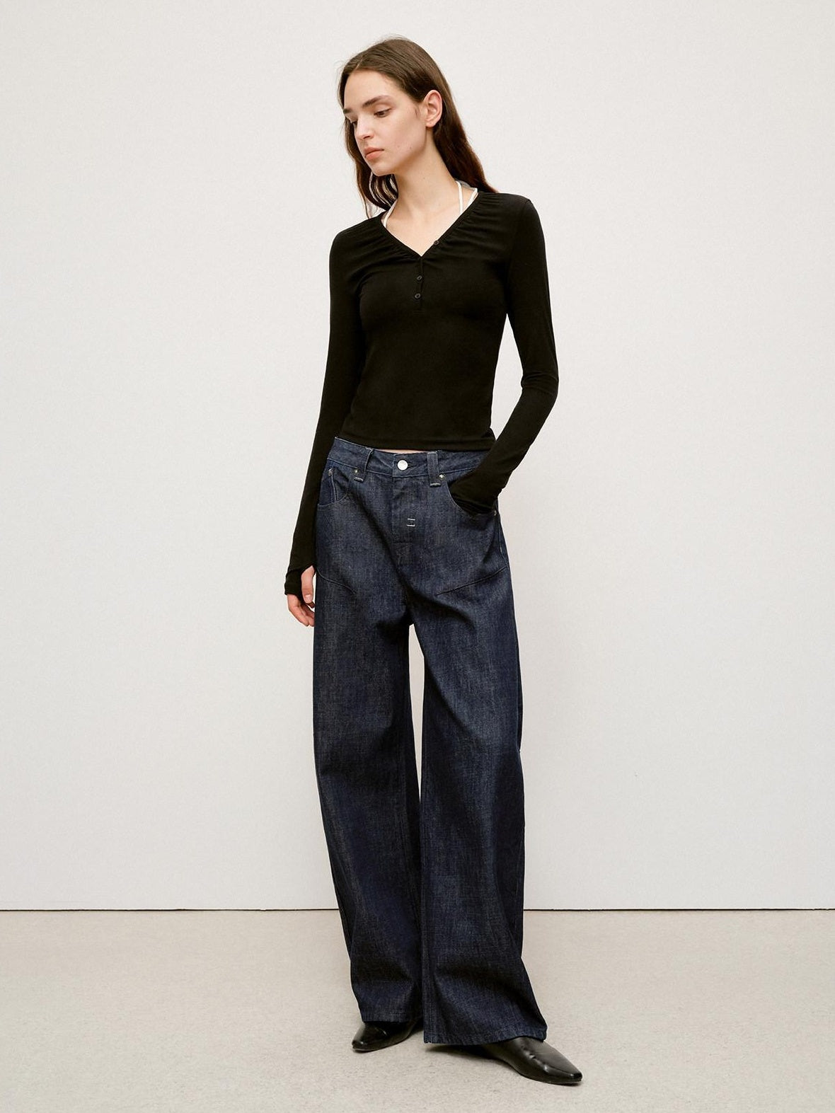 RUN TO THE FUTURE Breathable Cotton Pleated Loose Wide Leg Low Rise Women Raw Denim Straight Jeans