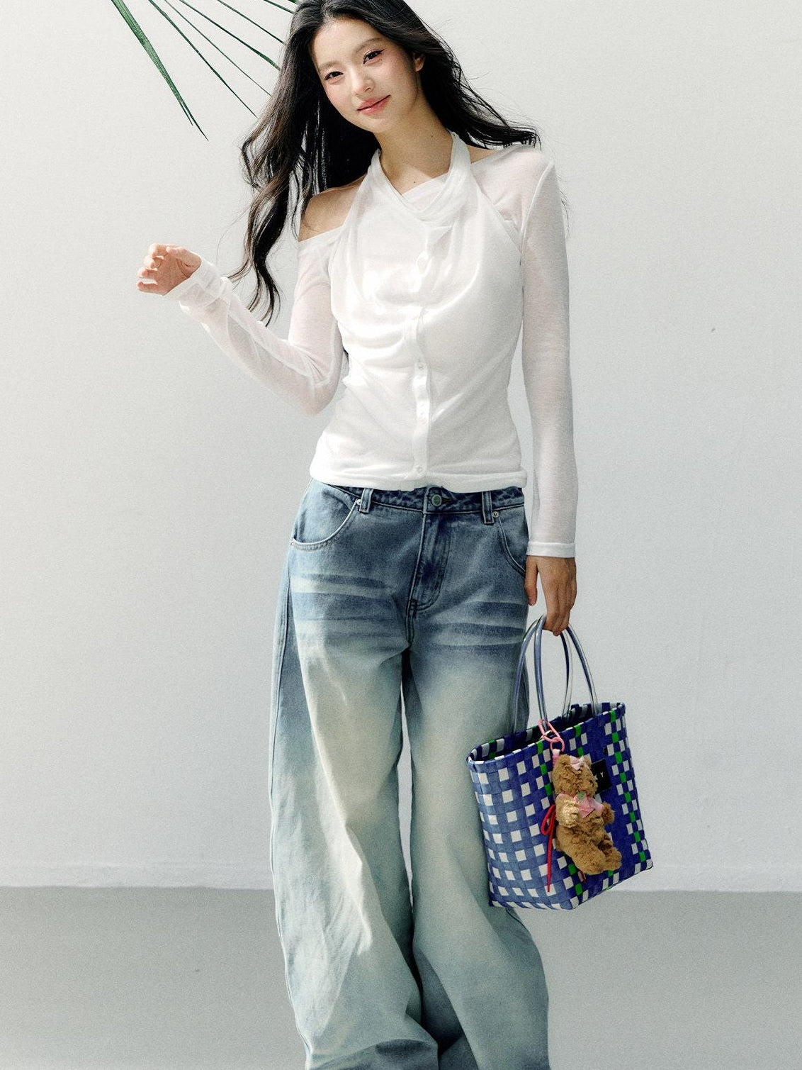 7Shiftin Washed Cotton Natural Waist Girly Zip Fly Non Stretch Blue Women Wide Leg Jeans