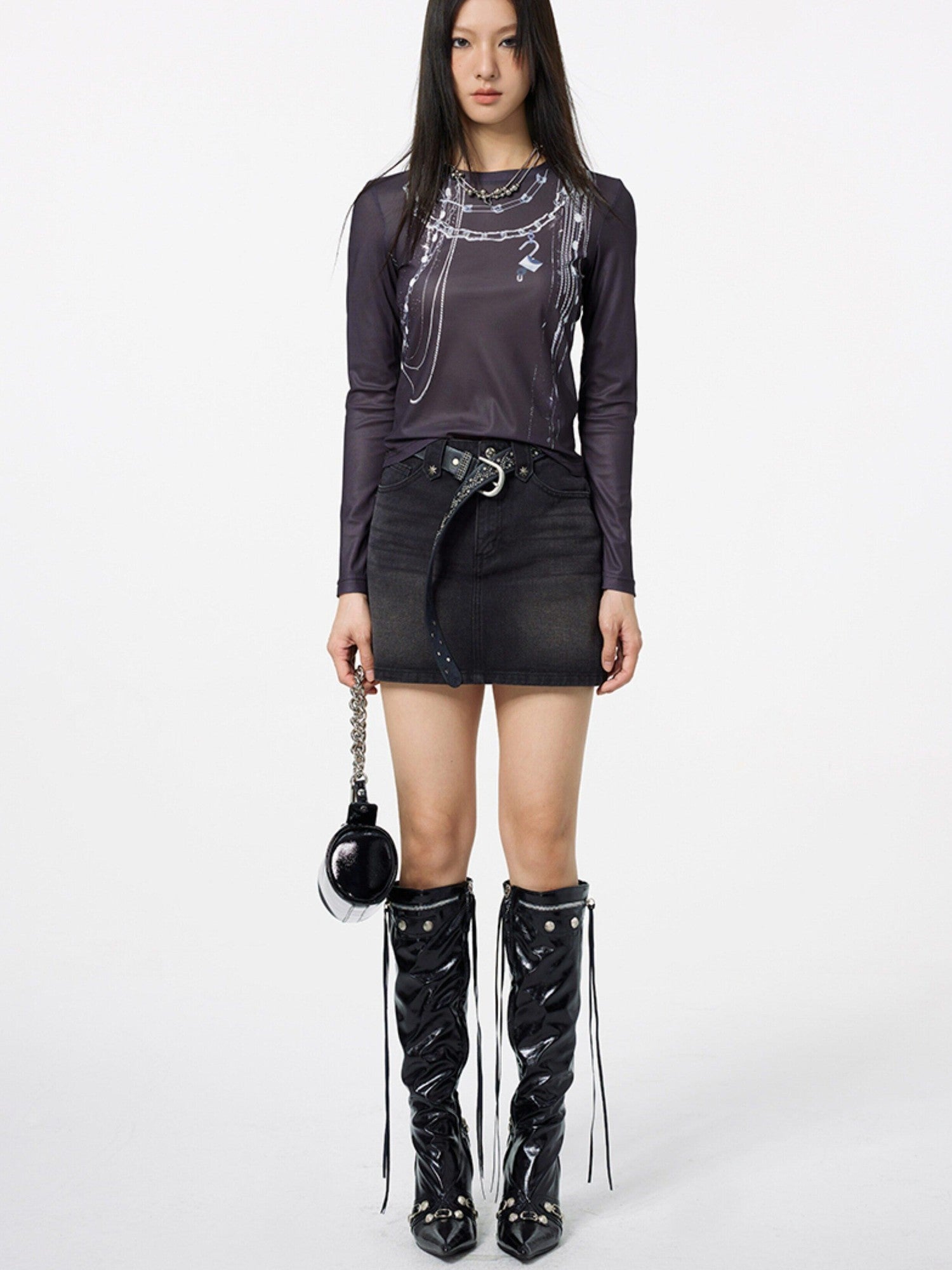DKZ OFFICIAL Chain Print Mesh Slim Fit Round Neck Women&