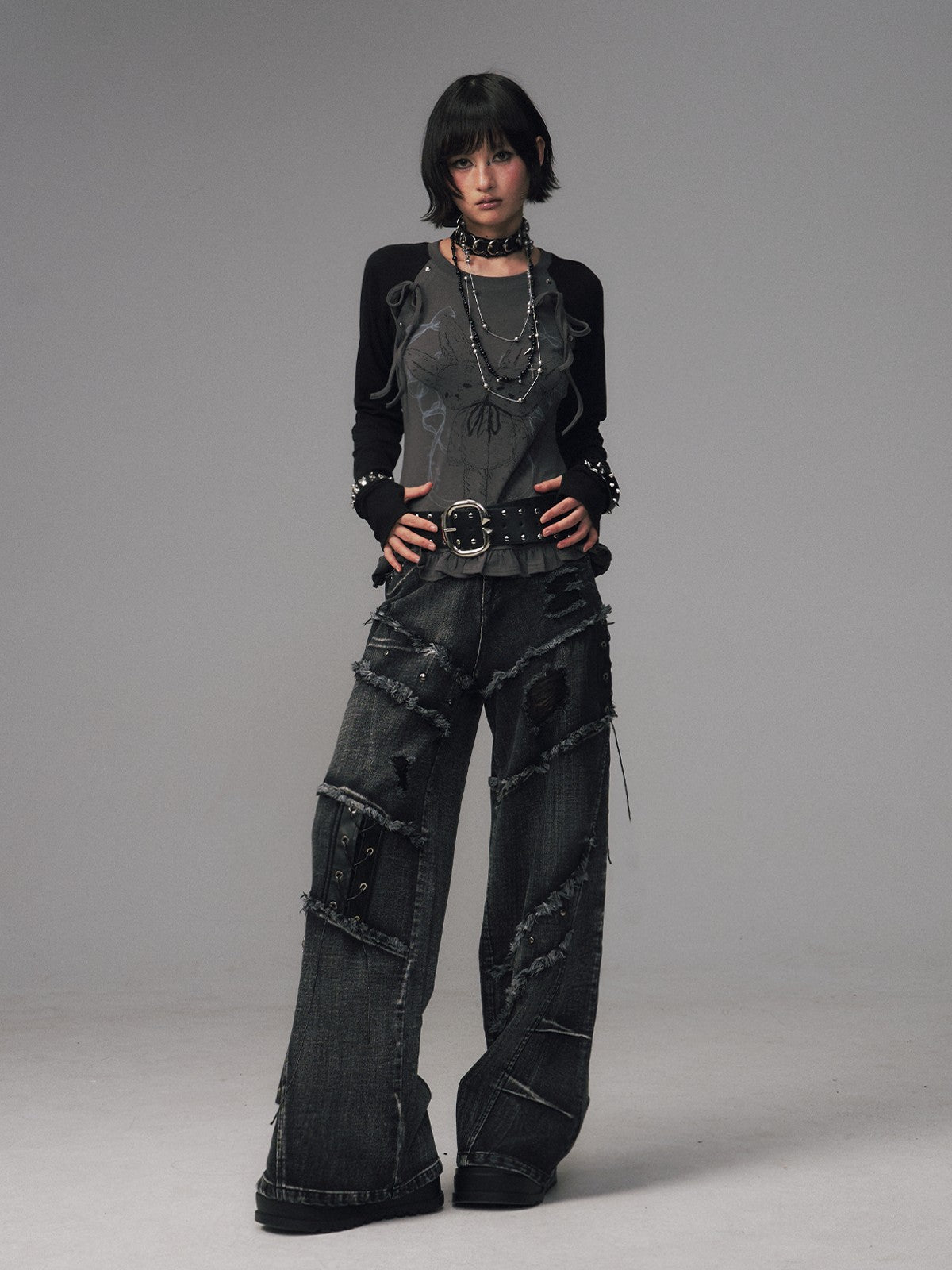 Frustration Garden Black Grey Street Punk Lace Up Frayed Rivet Women&
