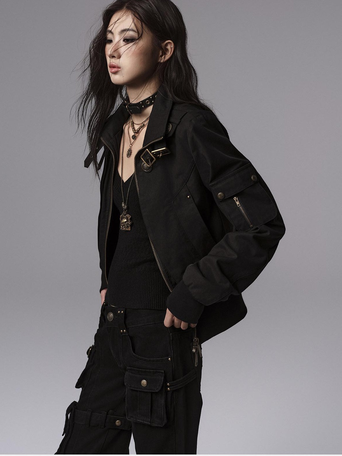 Low pixel Windproof Vintage Slim Metal Detail Women Cotton Lyocell Button Cropped Jackets