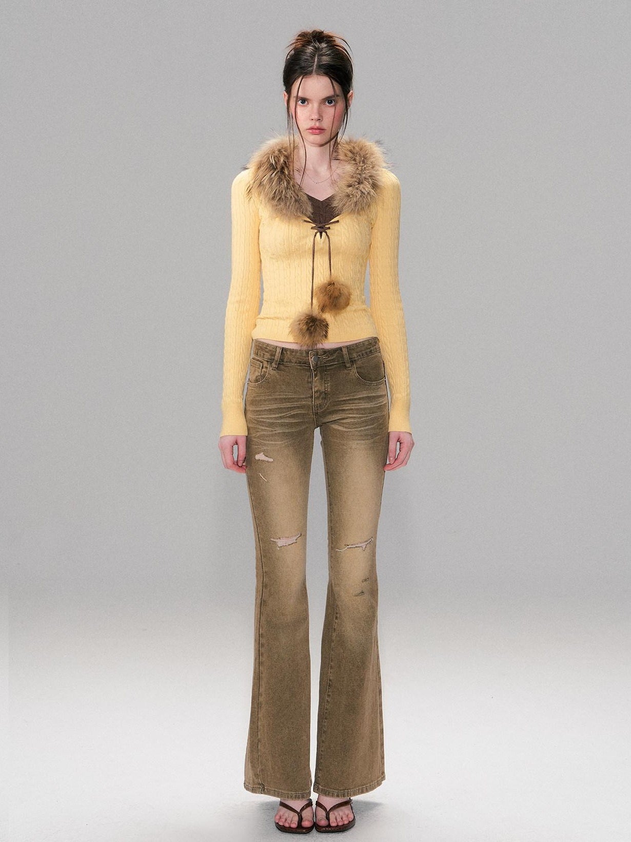 The NeverMore Brown Washed Low Rise Ripped Sexy Slim Fit Cotton Slight Stretch Womens Jeans