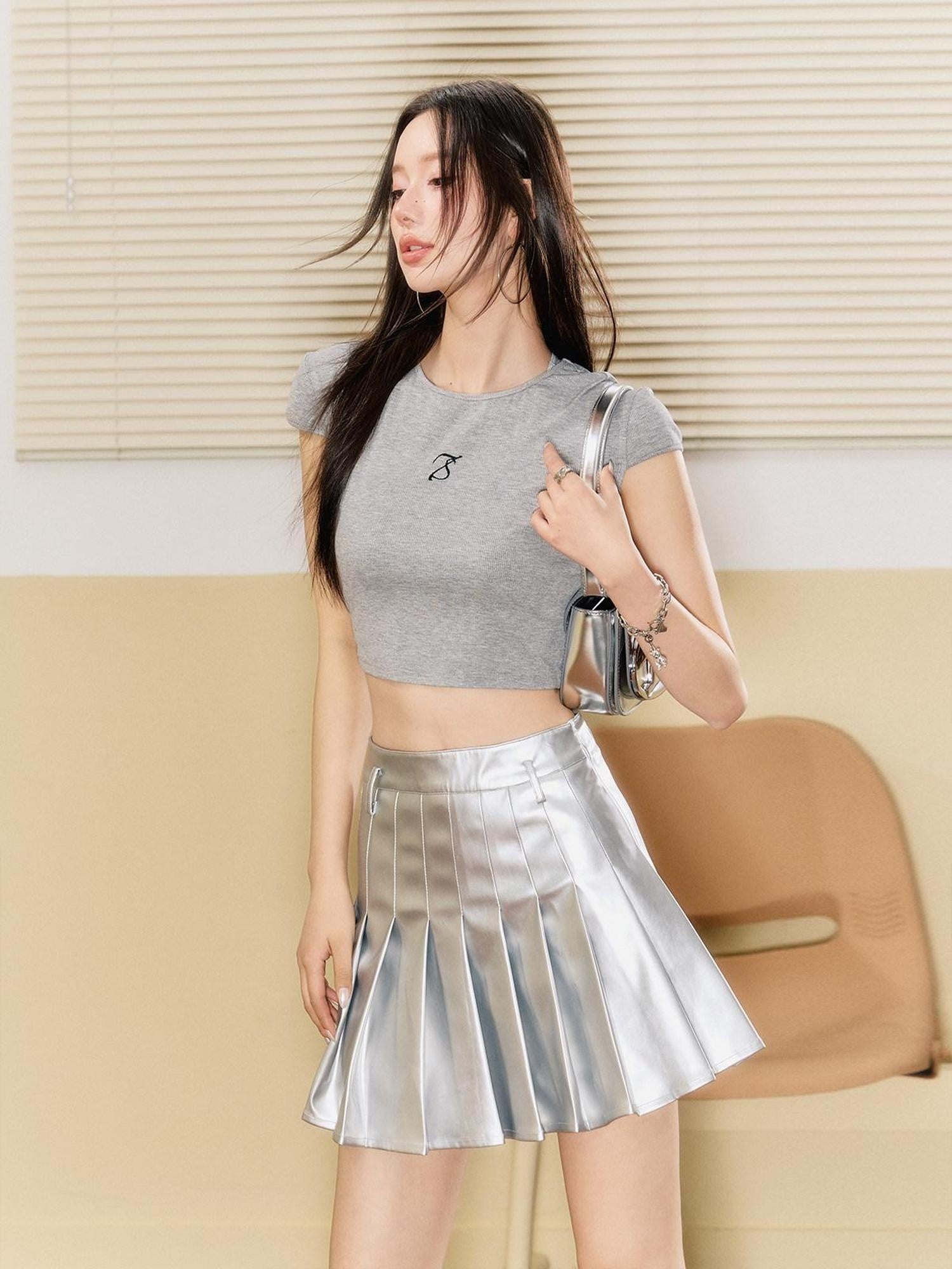 7Shiftin High Waist Pleated A Line Slim Fit Office Women Silver Mini Skirts