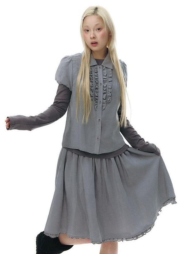 NAPSNAPS Gray Blue Lace Puff Sleeves Cardigan Women&