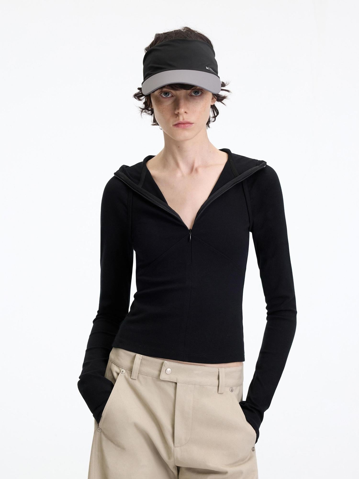 RUN TO THE FUTURE Slim Fit Hooded Zip Casual Women Cotton Blend Black Long Sleeve T-Shirts