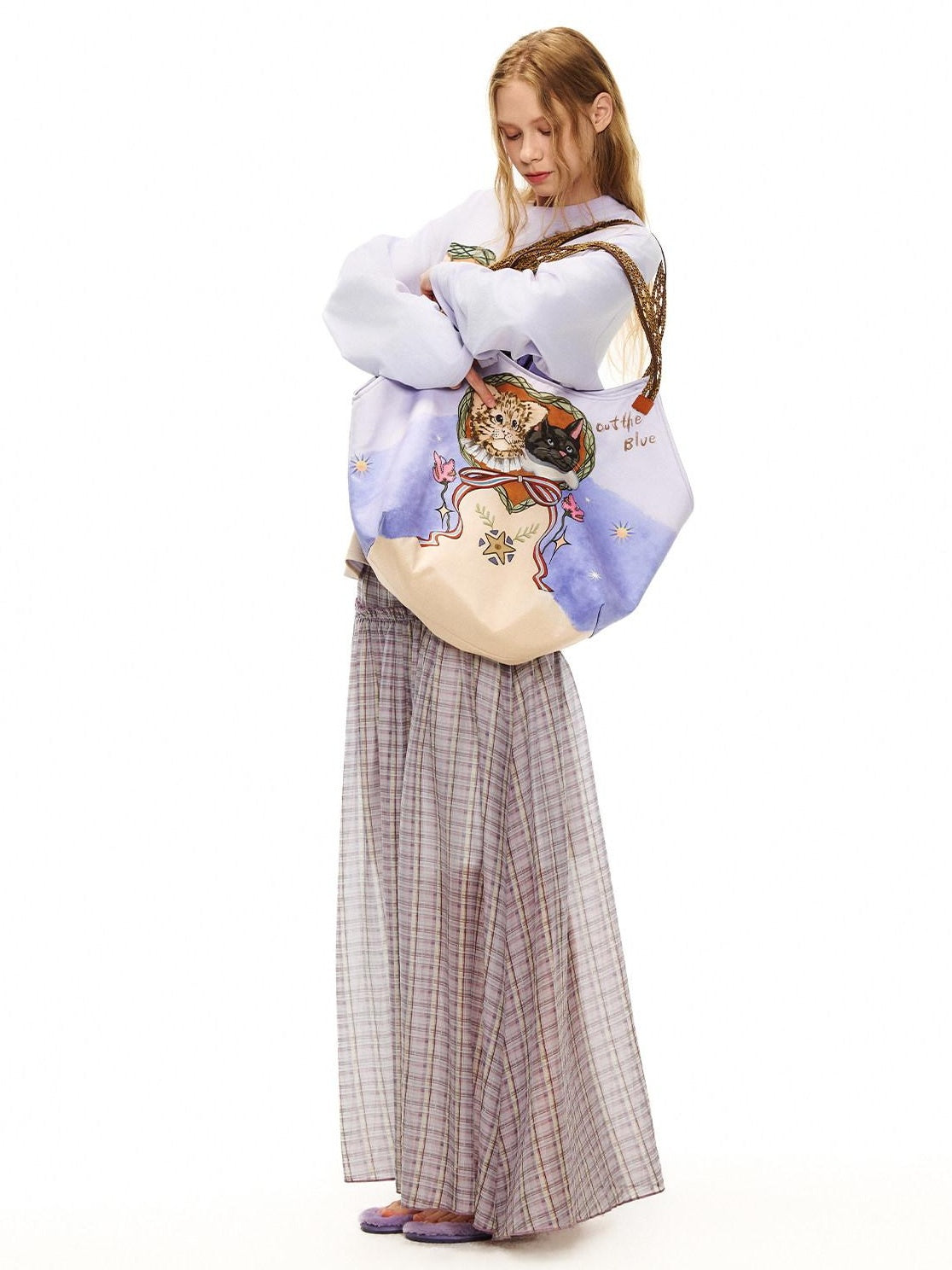 OuttheBlue Cute Cat Print Light Purple Roomy Square Double Strap Shoulder Women Tote Bags