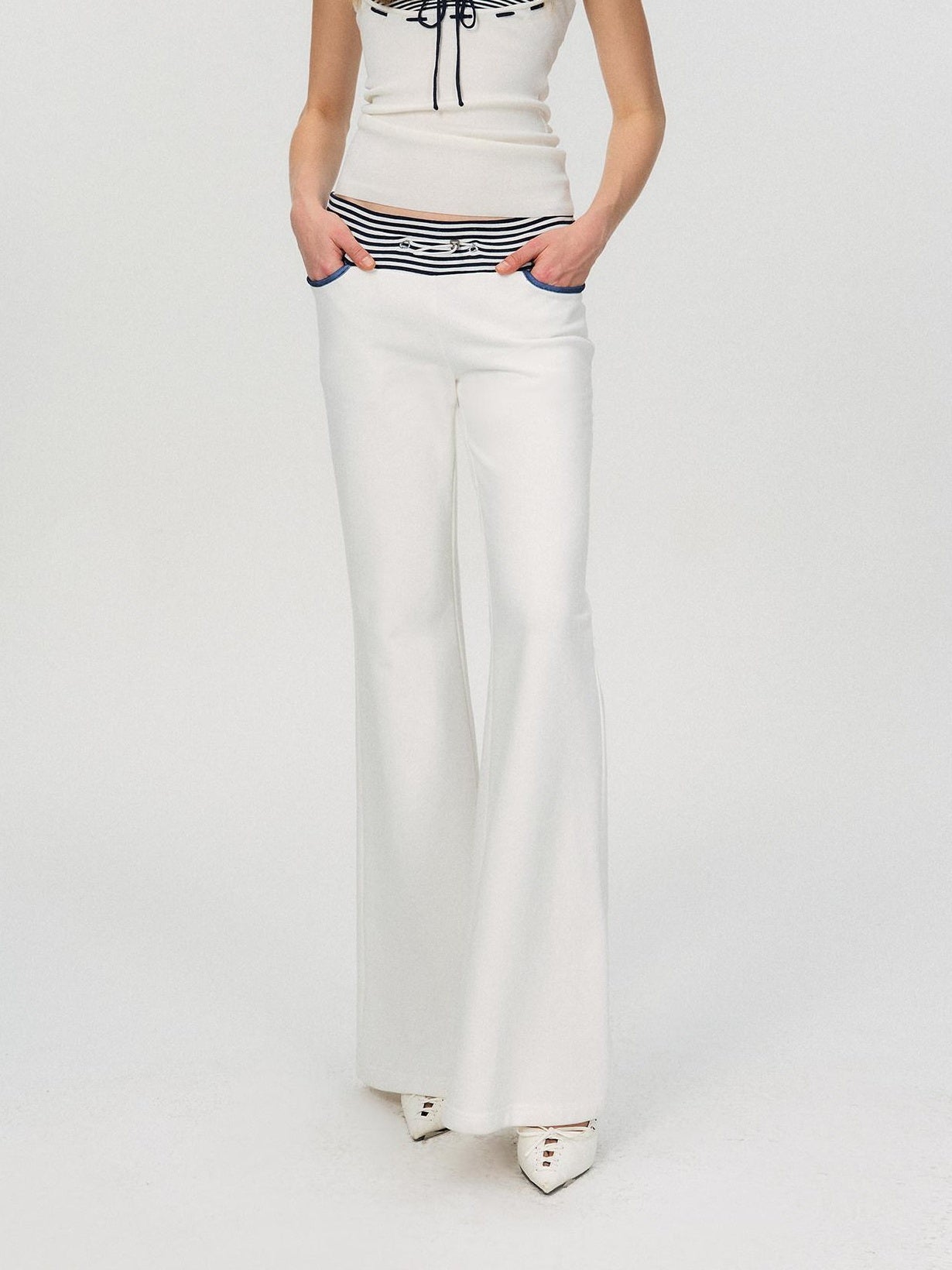The NeverMore Comfortable Casual Cotton Blend Slight Flare Mid Rise Women White Straight Pants