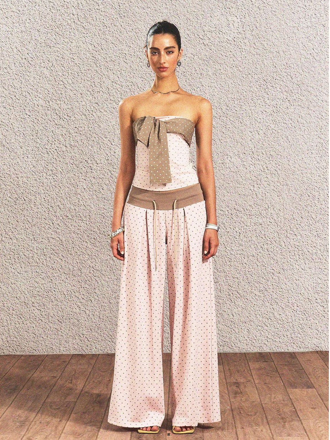 The NeverMore Polka Dot Cotton Two Piece Colorblock Sexy High Waist Pants Tube Tops