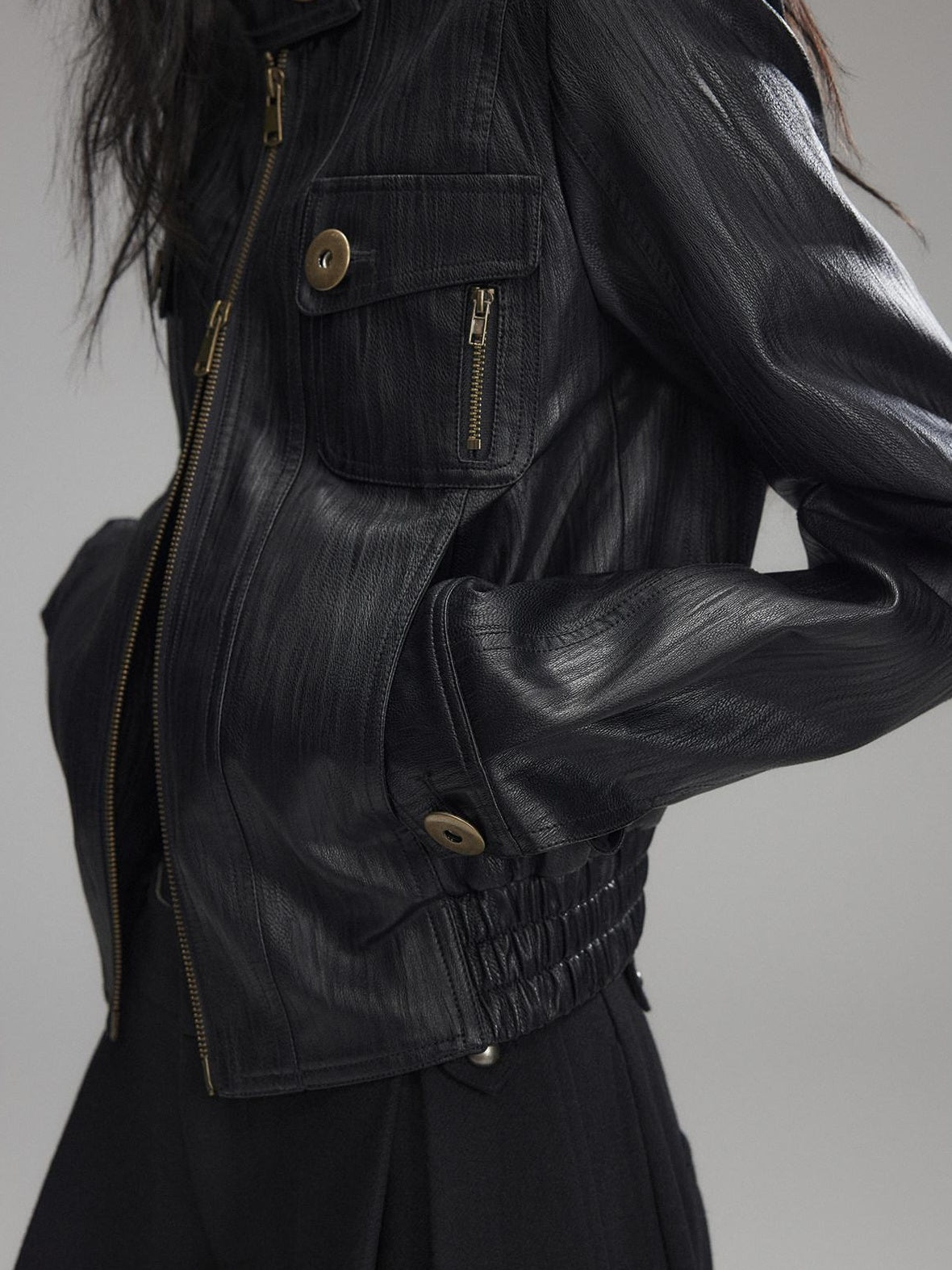Low pixel Insulated Waist Cinch Workwear Multipocket Lapel Zip Black Women Leather Jackets