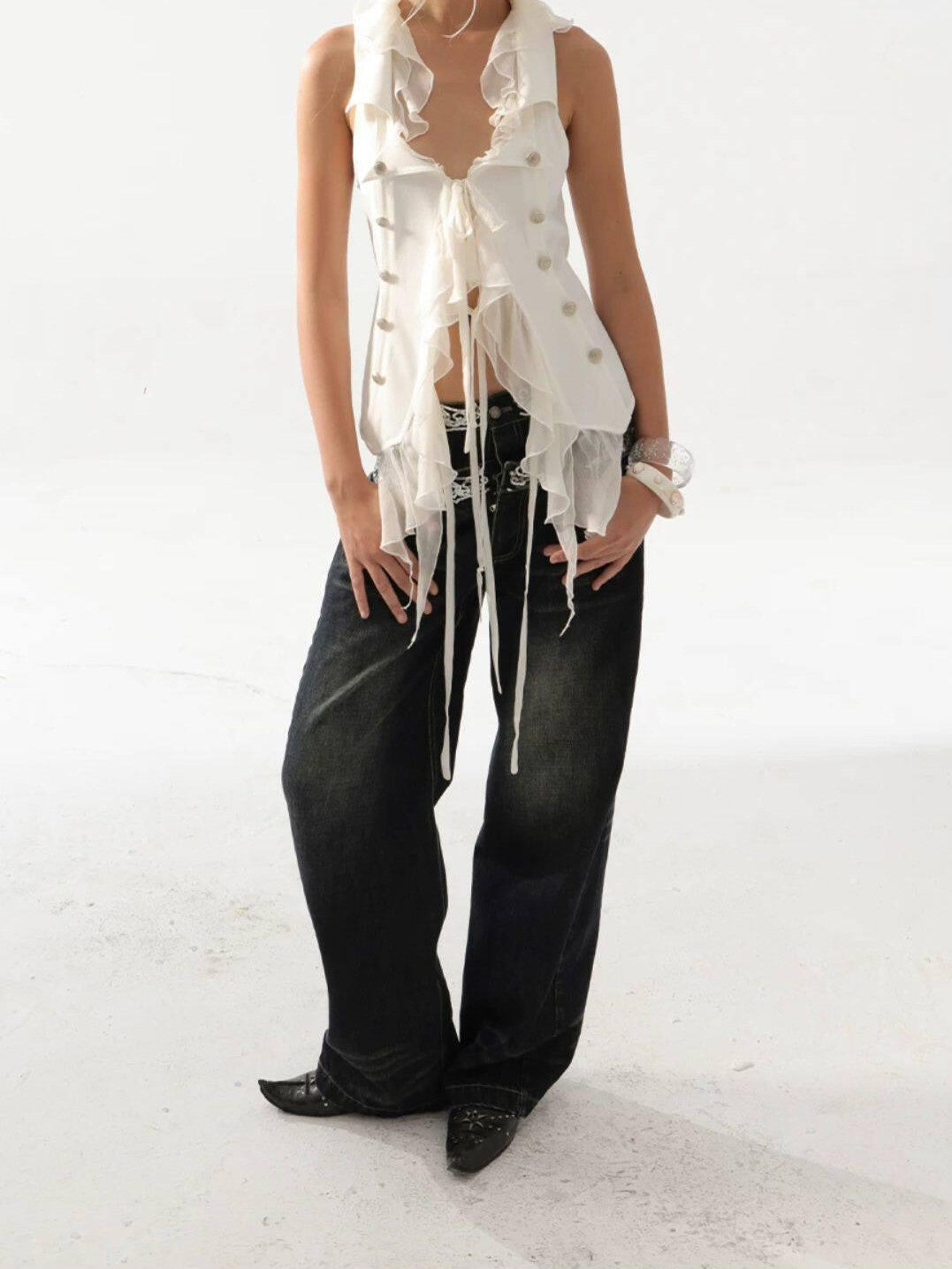 DoublePunch Ruffled Patchwork Slim Fit Vintage Blazer Sleeveless Women&