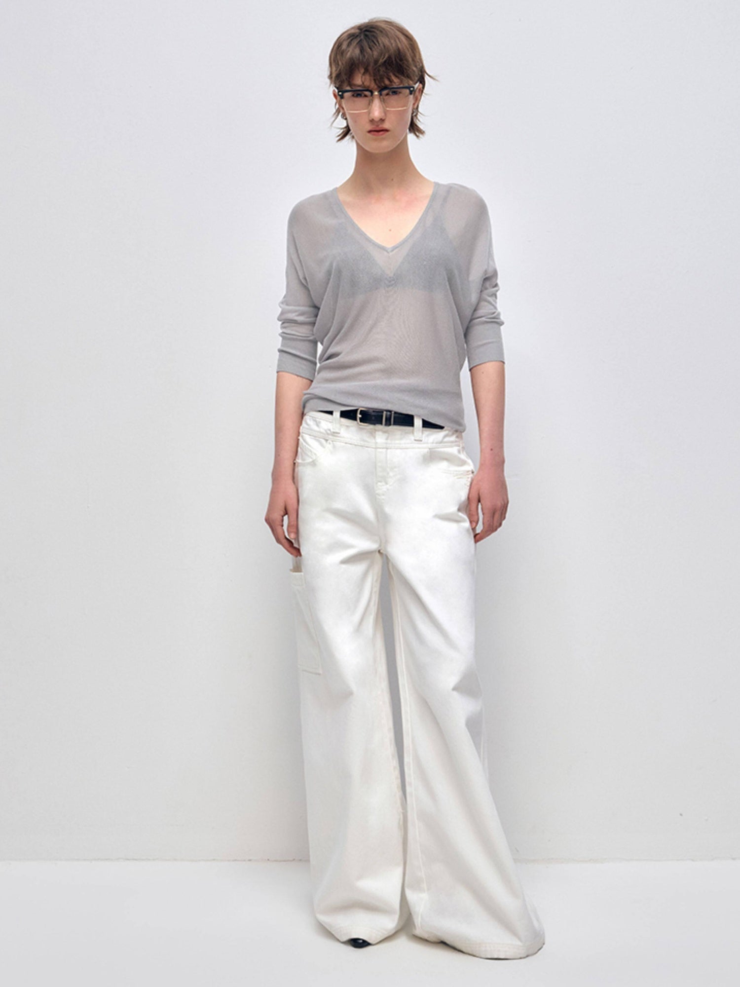 RUN TO THE FUTURE Low Rise 96 Percent Cotton Casual Loose Fit White Denim Wide-Leg Jeans