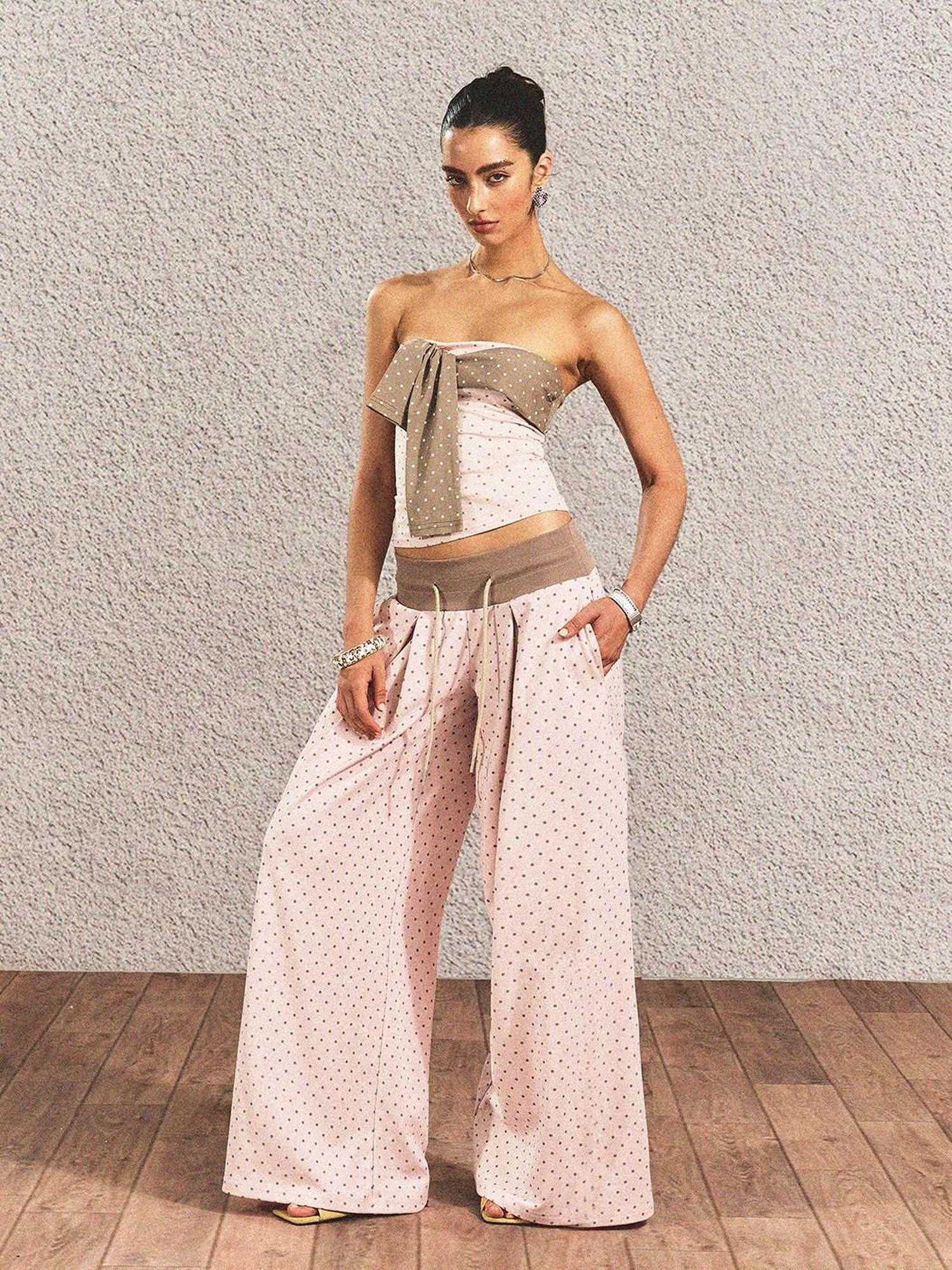 The NeverMore Polka Dot Cotton Two Piece Colorblock Sexy High Waist Pants Tube Tops