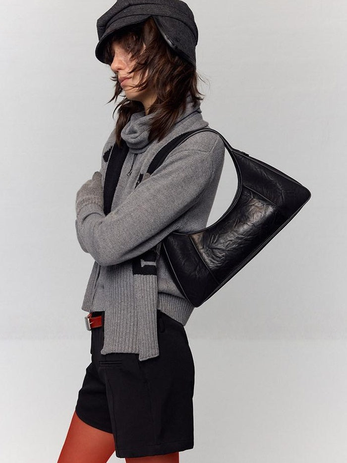 RUN TO THE FUTURE Waxed Leather Soft Handle Vintage Topstitch Medium Zipper Daily Handbags