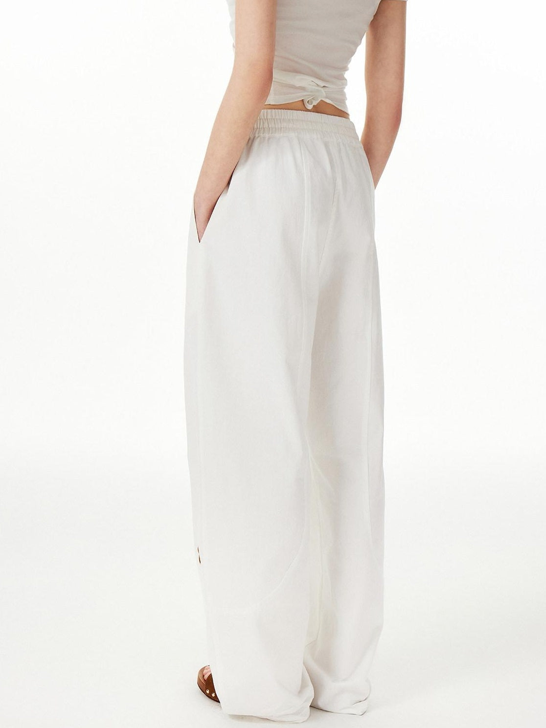 OuttheBlue Cotton Drawstring Pockets Natural Waist Workwear Long White Wide Leg Pants