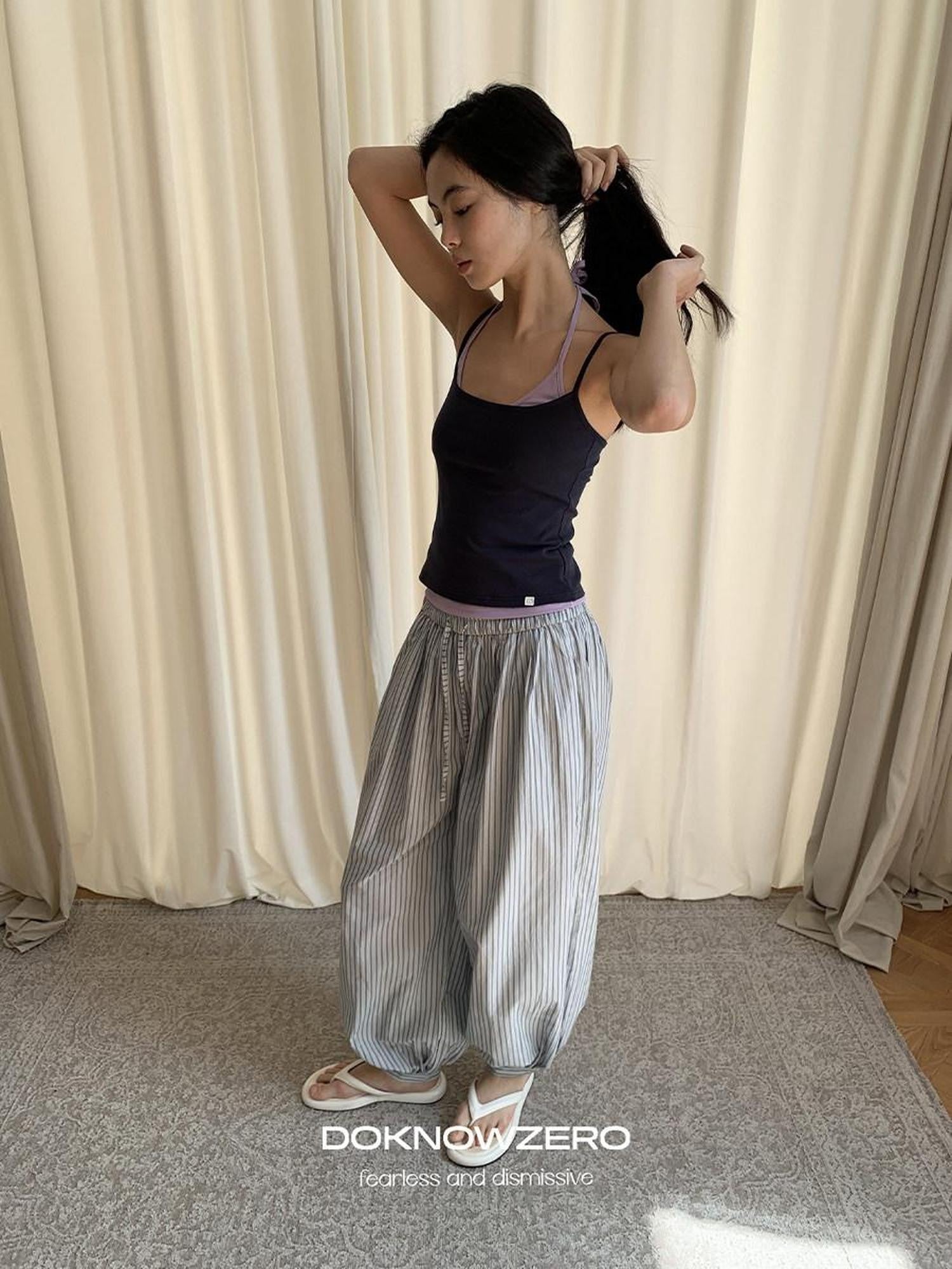 DKZ OFFICIAL Blue White Striped Relaxed Tapered Women&