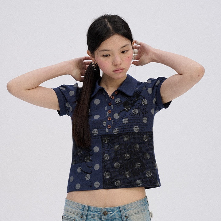 Achihara Printed Slim Polo Collar Casual Navy Cotton Blend Short Sleeve T-Shirts
