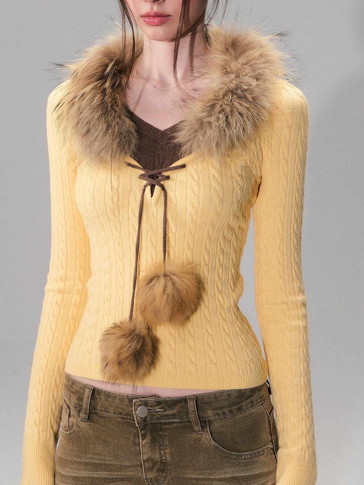 The NeverMore Viscose Blend Slim Fit Faux Layered Cropped Knit Pullover Girls Yellow Sweaters