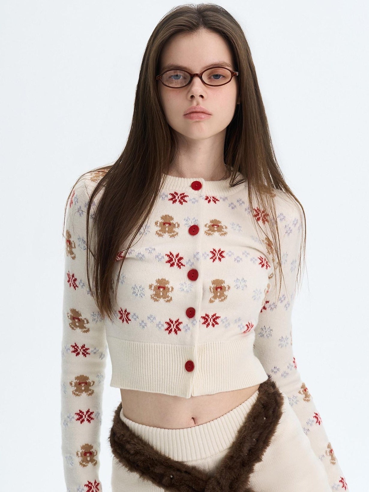 The NeverMore Cashmere Blend Bear Jacquard Cute Slim Cropped Crewneck Knitwear Cardigans
