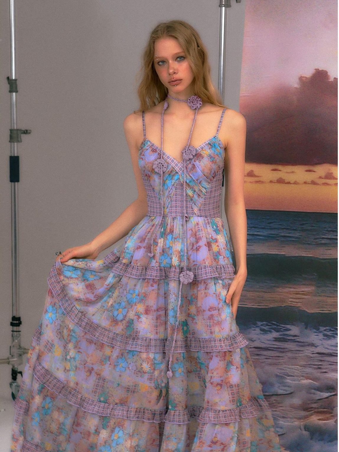 The NeverMore High Waist A Line V-neck Strappy Street Women Blue Purple Polyester Maxi Dresses