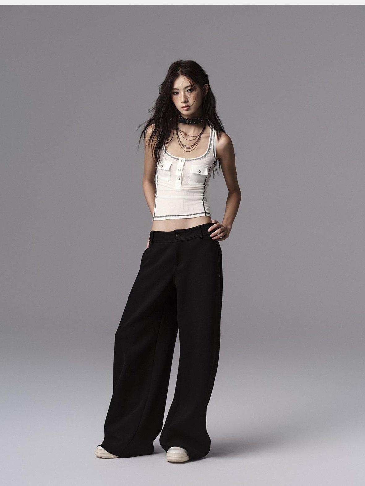 Low pixel Low Waist Dark Minimal Curved Button Fly Black Women Rayon Wide Leg Pants