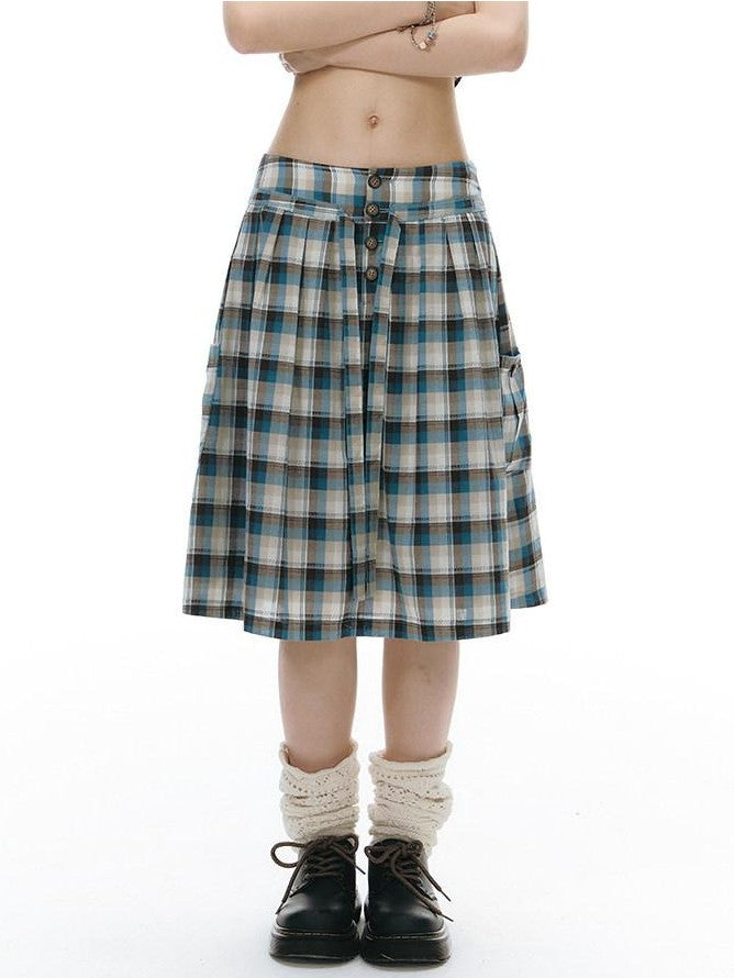 NAPSNAPS Blue Plaid Ruffle Puff Sleeve Button Tie Women&