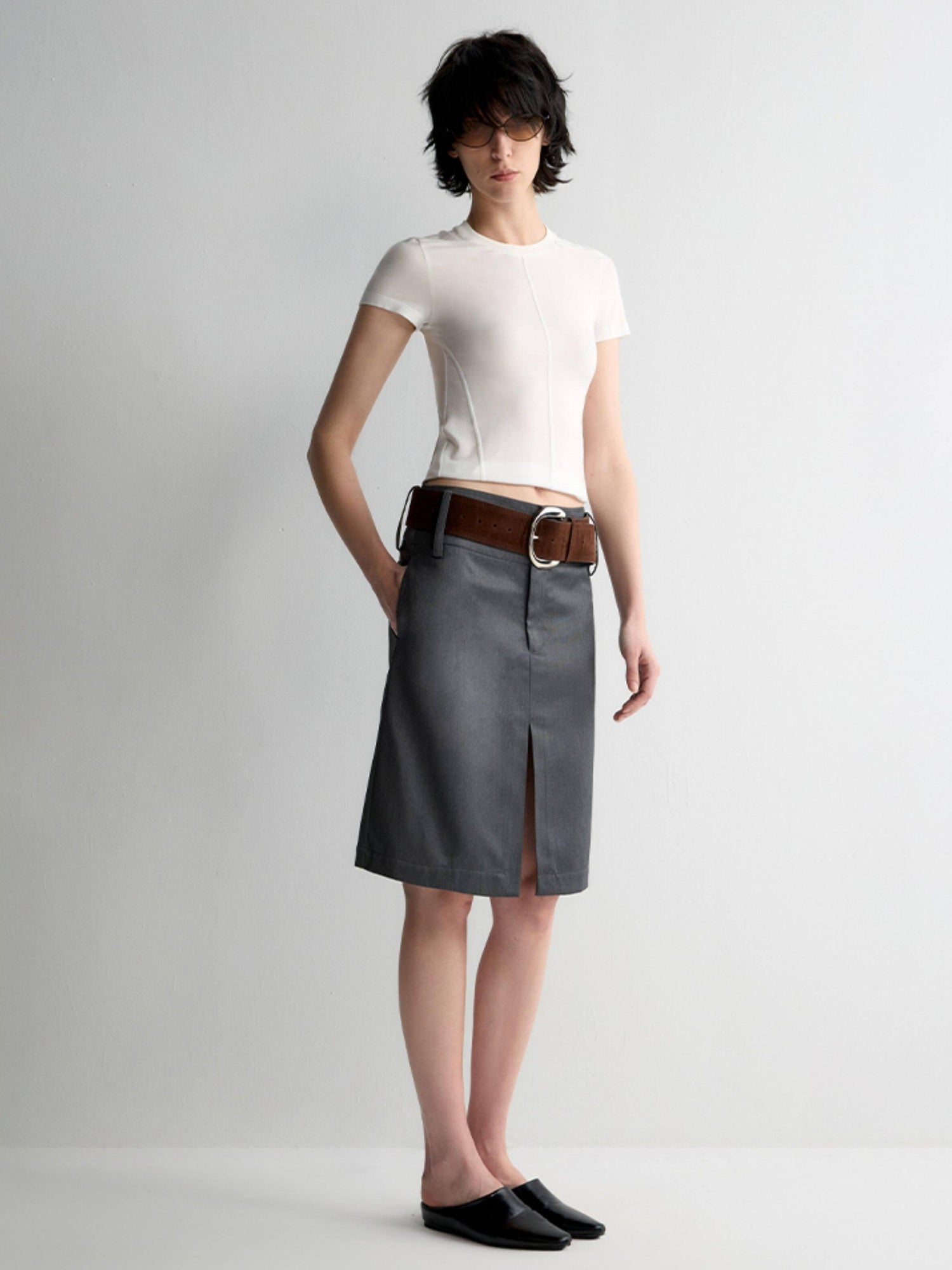 RUN TO THE FUTURE Lined Wool Blend Low Waist Pockets Vintage Office H Silhouette Midi Skirts
