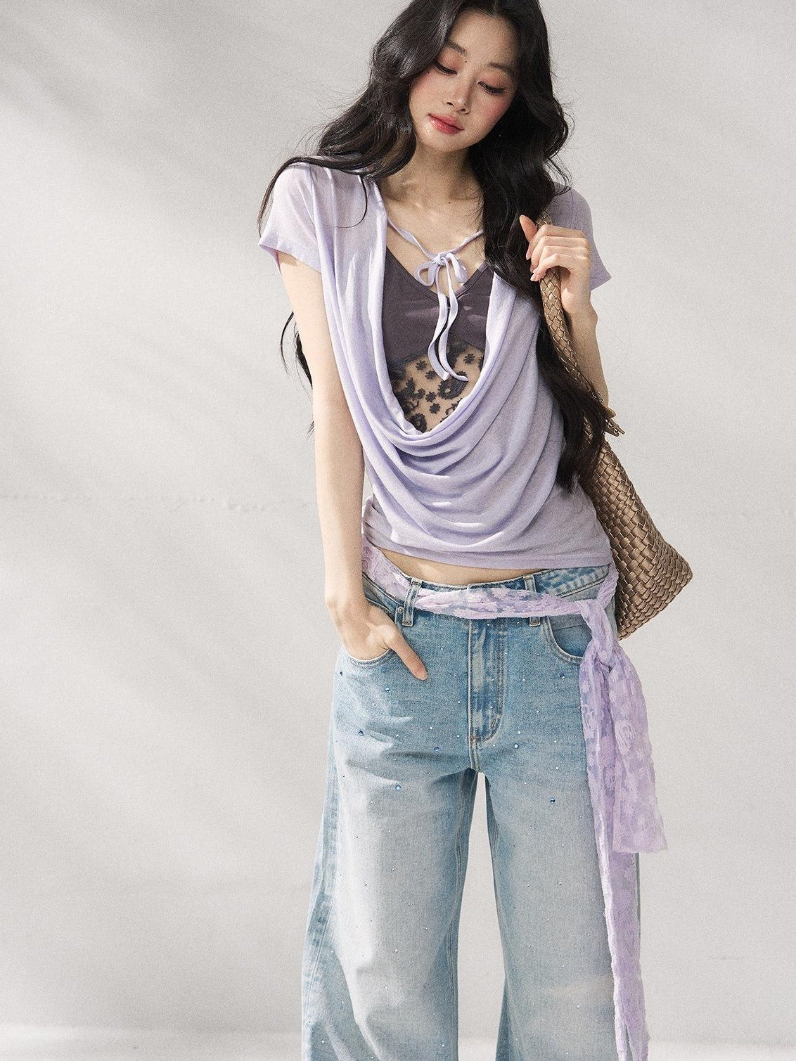 7Shiftin Purple Tie Front Relaxed Crew Neck Short Sleeve Casual Women Basic Crop Tops