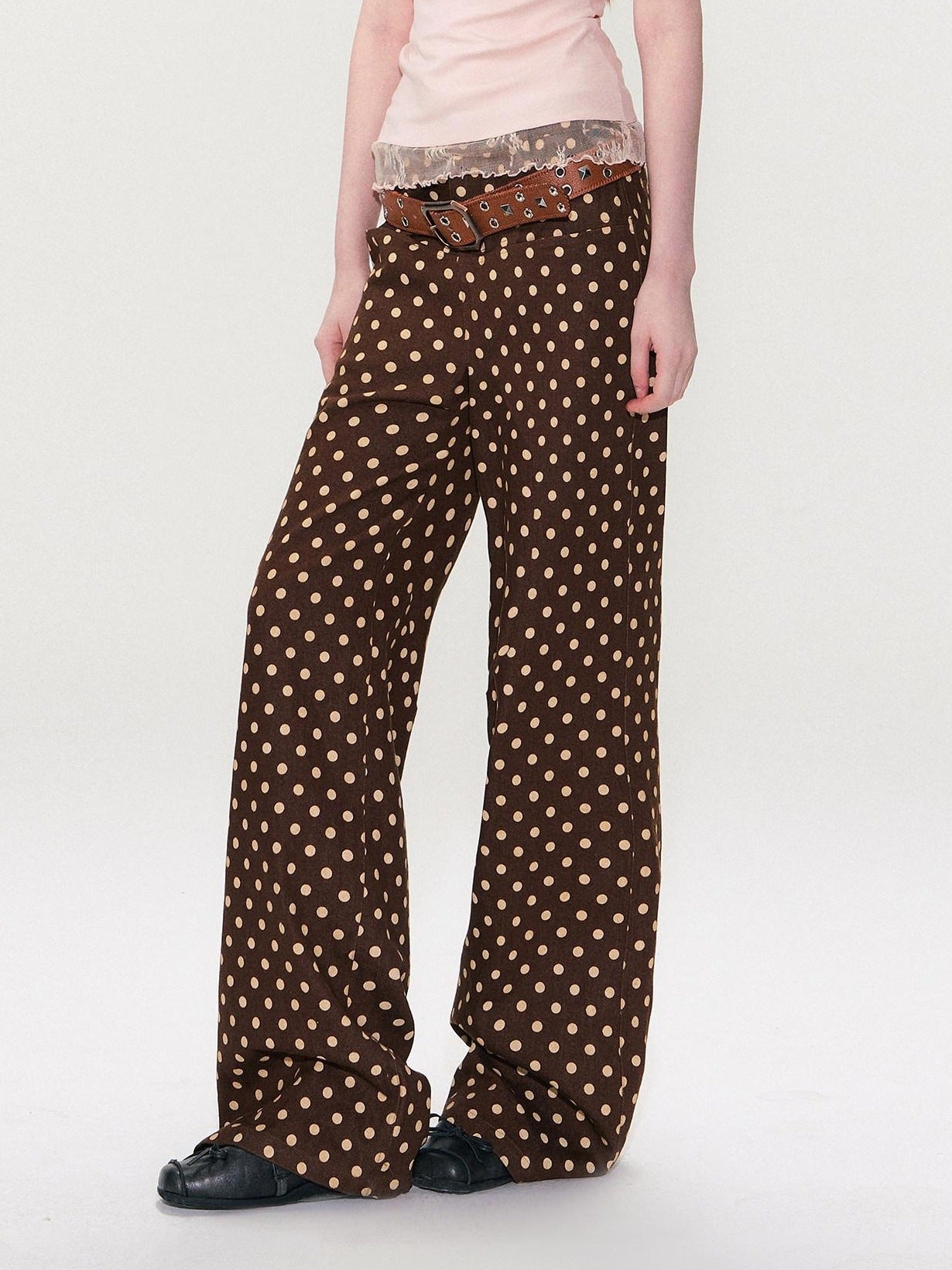 The NeverMore Cotton Polka Dot Vintage Natural Waist Casual Women Brown Straight Leg Jeans