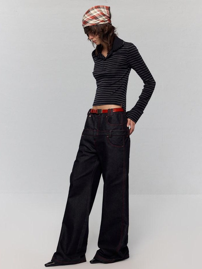 RUN TO THE FUTURE Low Rise Colorblock Loose Fit Zip Fly Black Denim Stretch Wide-Leg Jeans