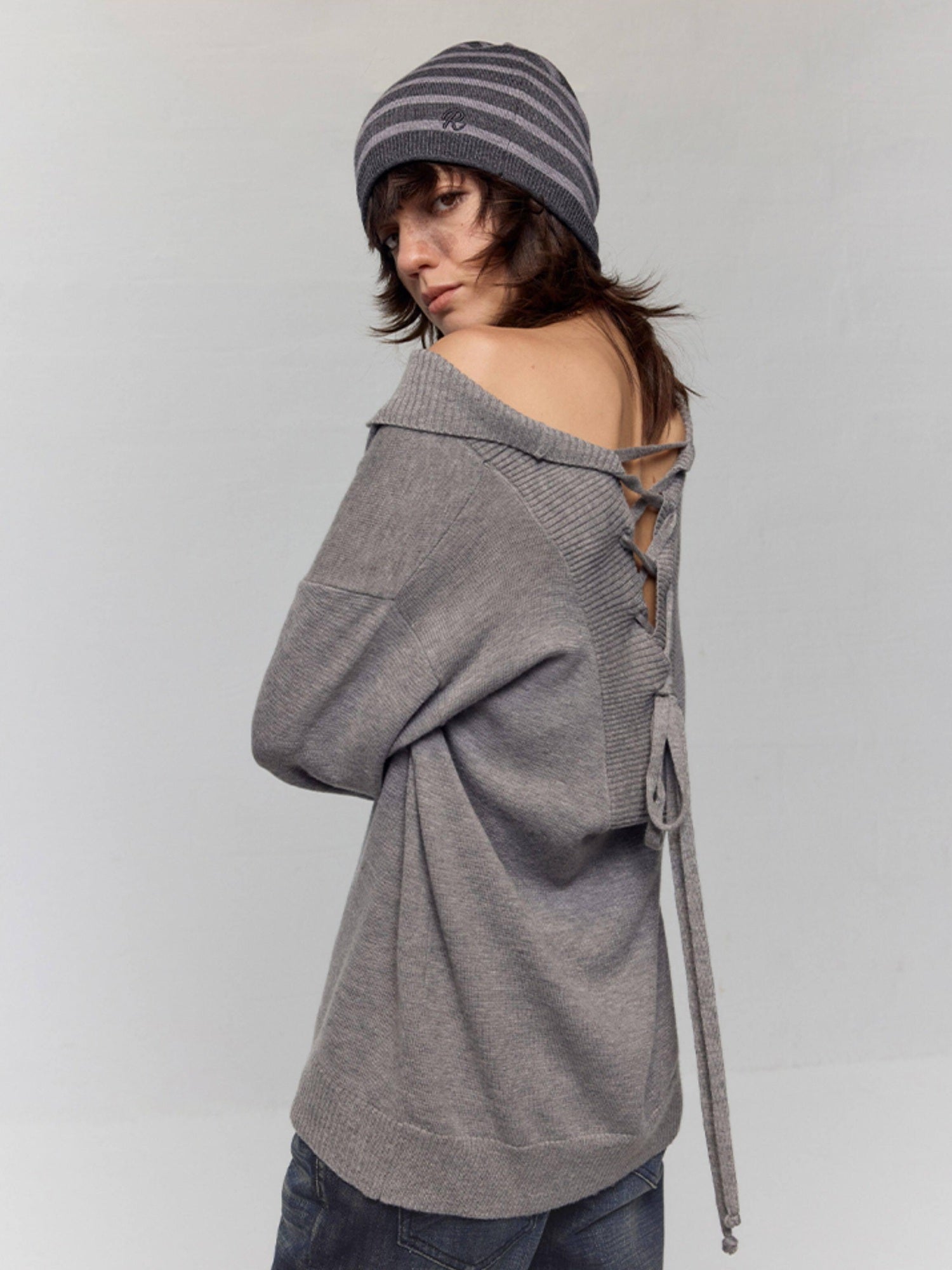 RUN TO THE FUTURE Vintage Commuter Loose Tie Asymmetric Neck Women Grey Knit Long Sleeve T-Shirts
