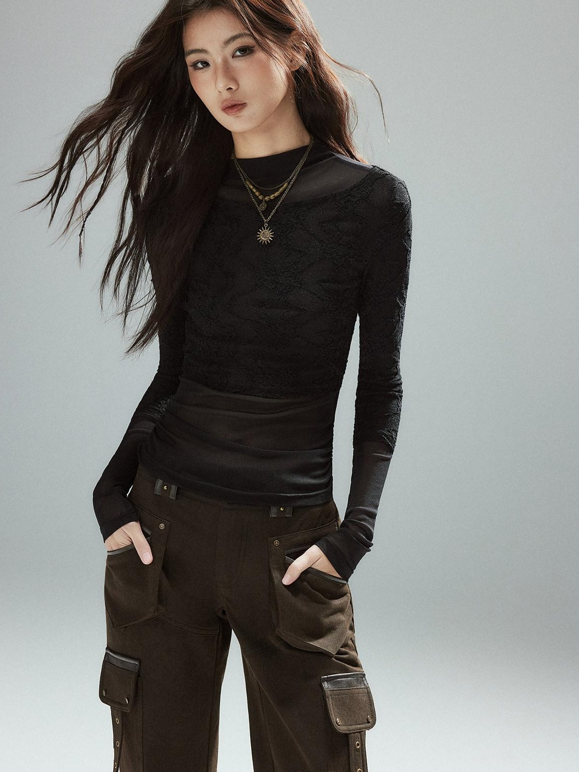 Low pixel Slim Low Rise Cotton Flare Street Style Zipper Brown Women Cargo Pants
