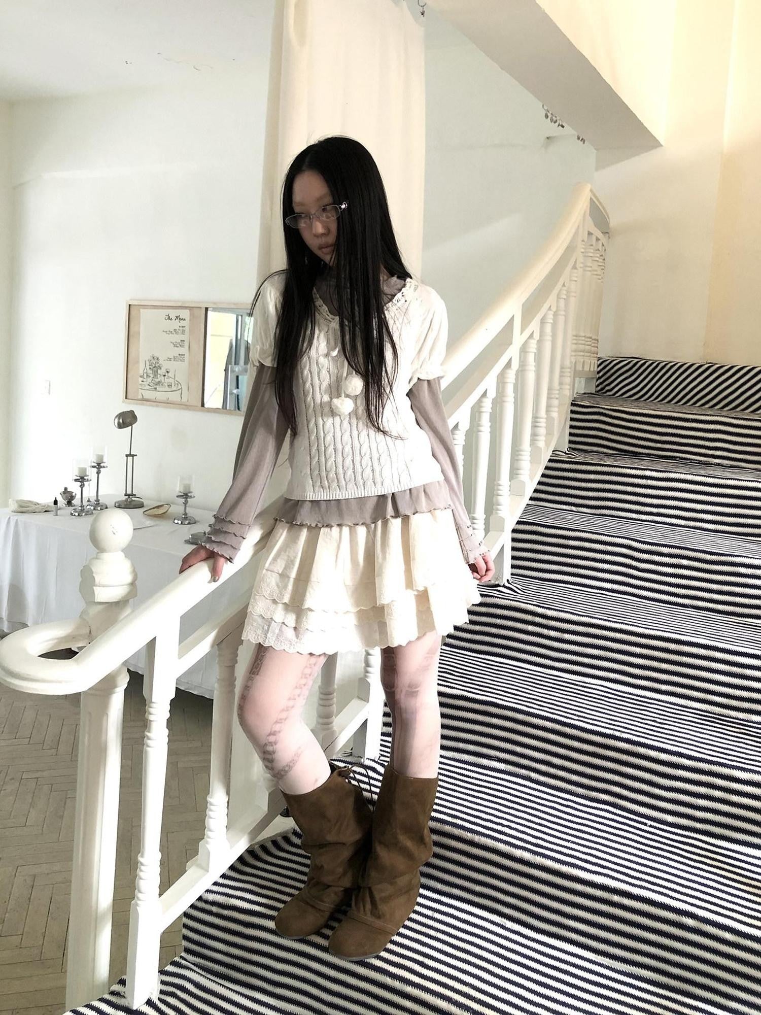 ang project Mocha Sheer Mesh Layered Ruffle Round Neck Women&