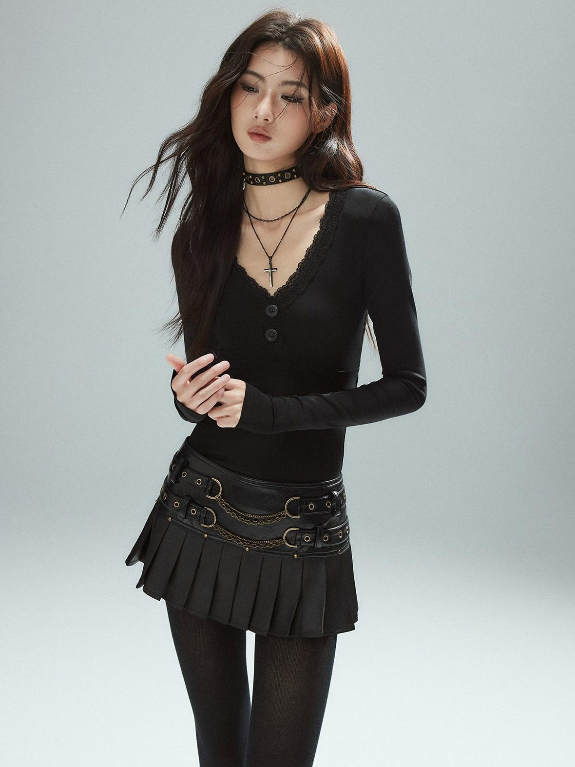 Low pixel Low Waist Pleated A Line Street Patchwork Chain Zipper Lined Black Mini Skirts