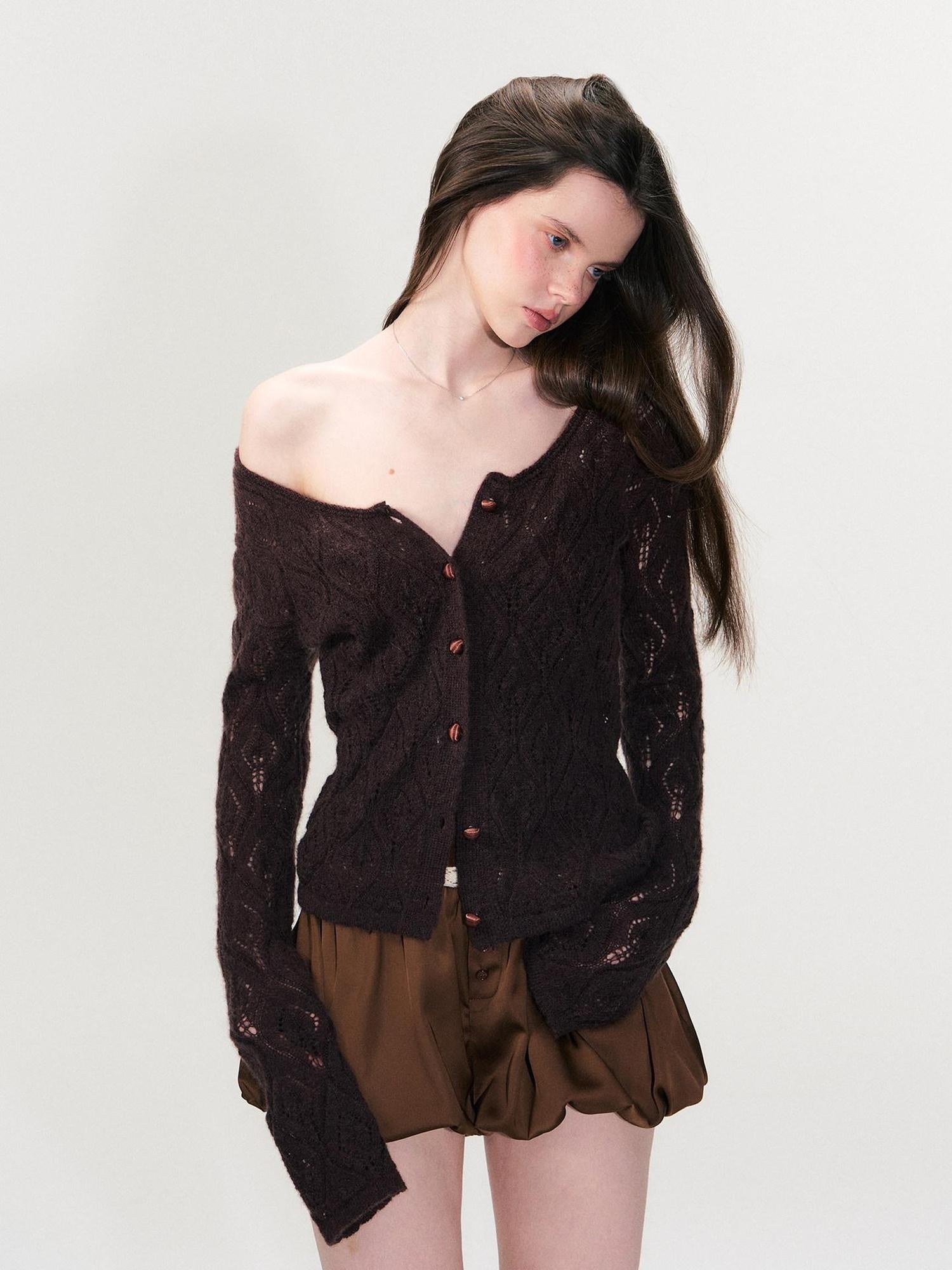 The NeverMore Alpaca Mohair Lightweight Diamond Cropped Button Front Women Knit Cardigans
