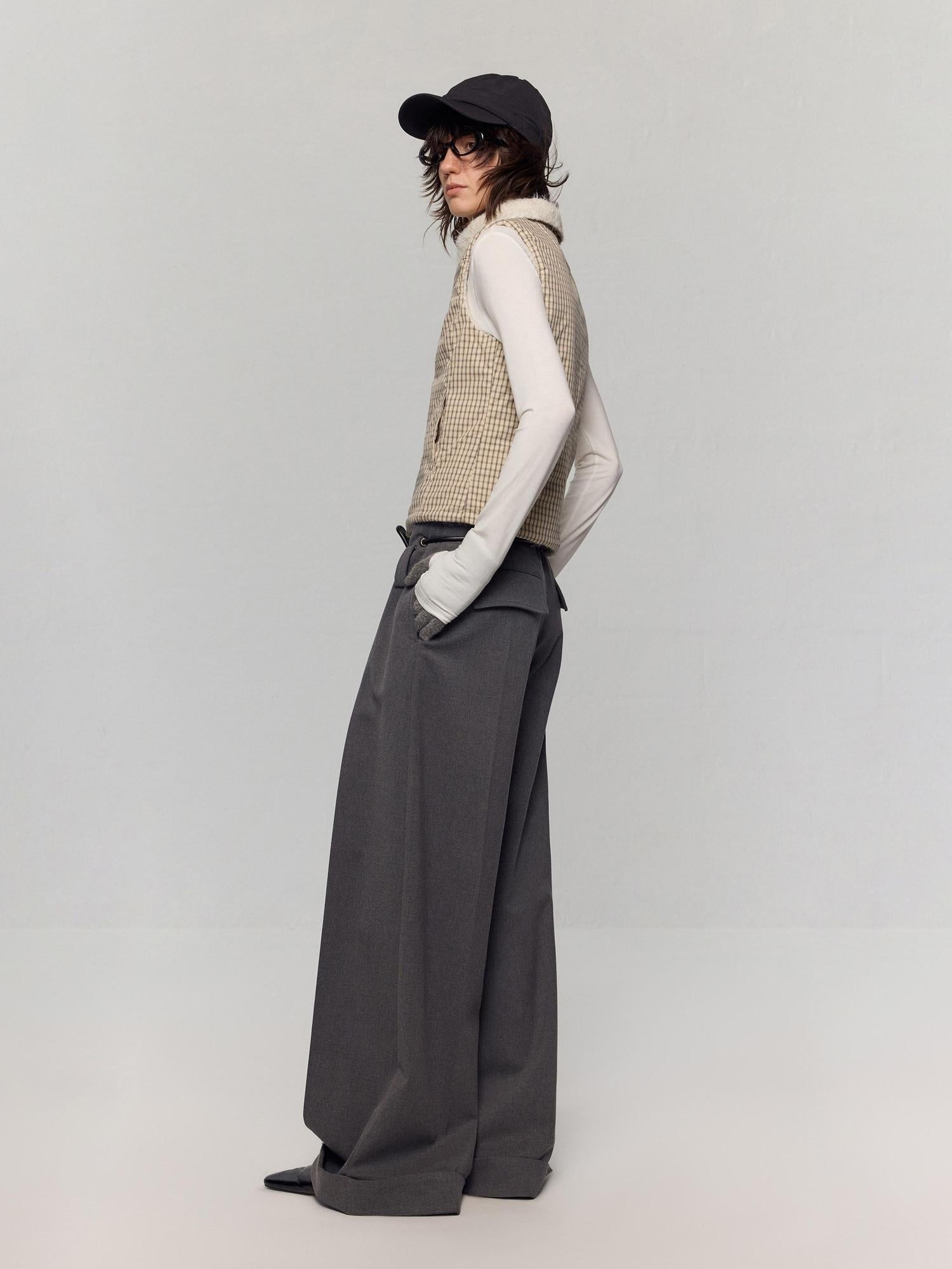 RUN TO THE FUTURE Minimalist Original Tie Detail Low Rise Zipper Women Rock Gray Wide-Leg Pants