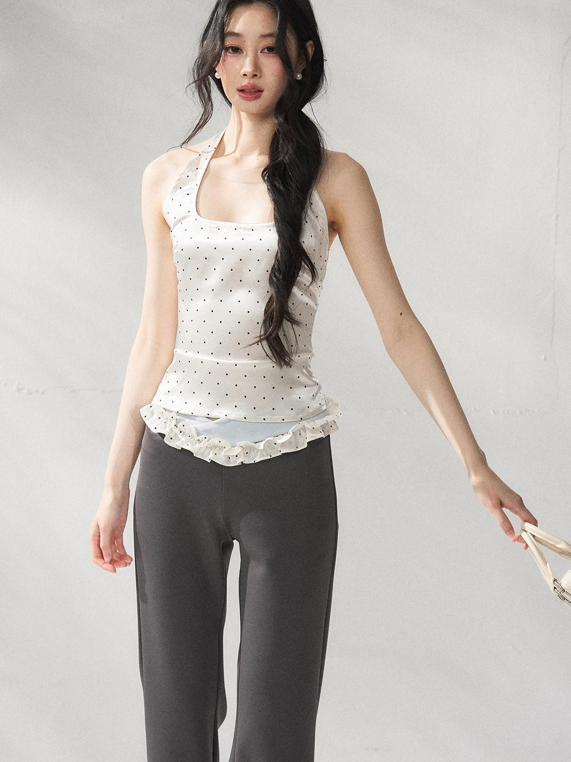 7Shiftin Polka Dot Two Piece Slim Short Sleeve Shirt Women High Waist Basic Crop Tops