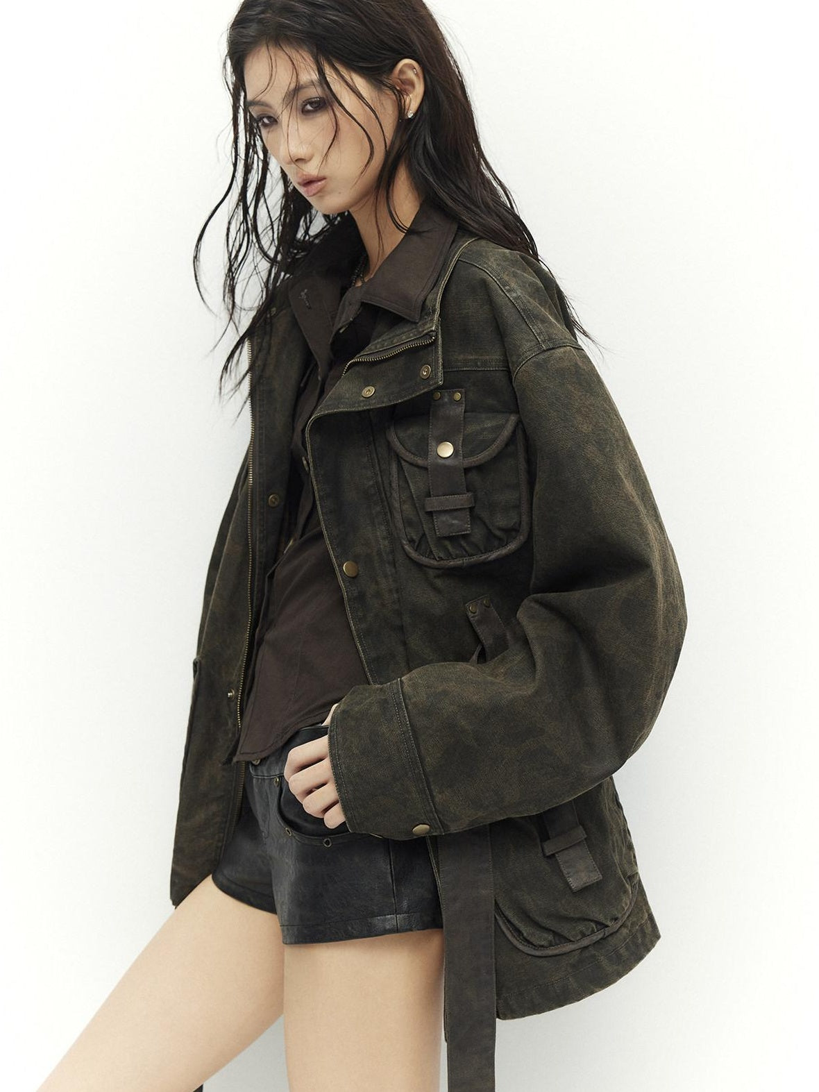 Low pixel Insulated Utility Slim Multi Pocket Stand Collar Women Cropped Jackets