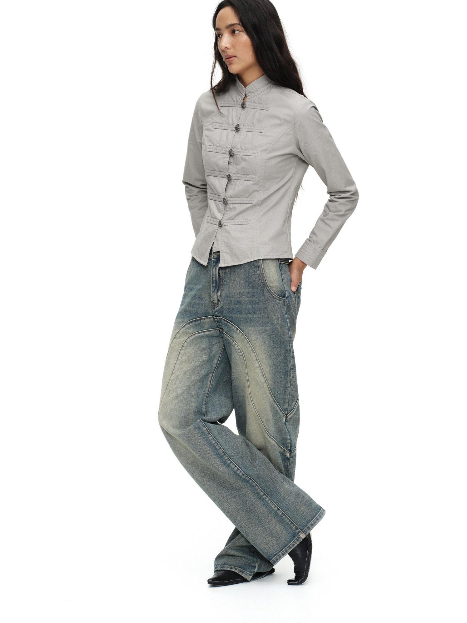 oinimi Star Gray Washed Napoleon Button Stand Collar Fitted Waist Women&