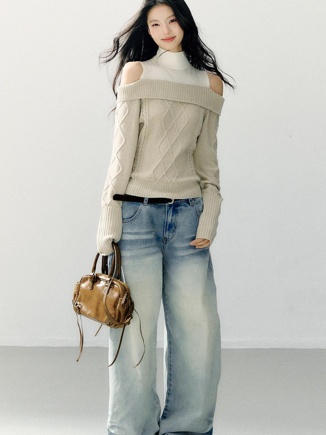 7Shiftin Washed Cotton Natural Waist Girly Zip Fly Non Stretch Blue Women Wide Leg Jeans