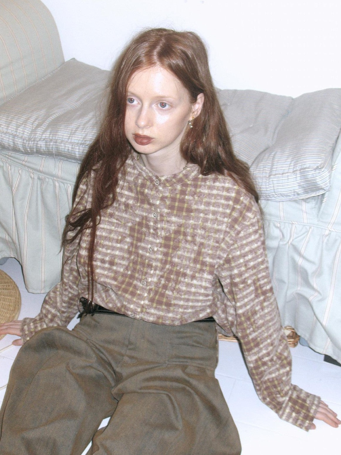 Dorydory Vintage Distressed Round Neck Plaid Niche Japanese Women&