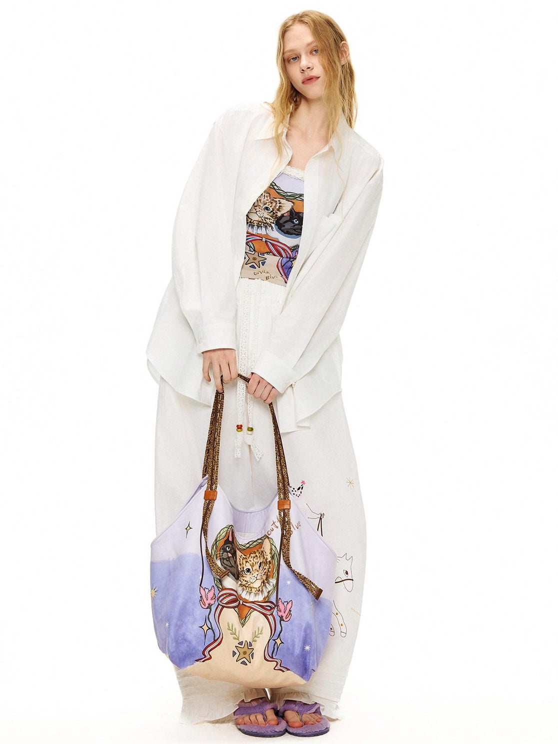 OuttheBlue Cute Cat Print Light Purple Roomy Square Double Strap Shoulder Women Tote Bags
