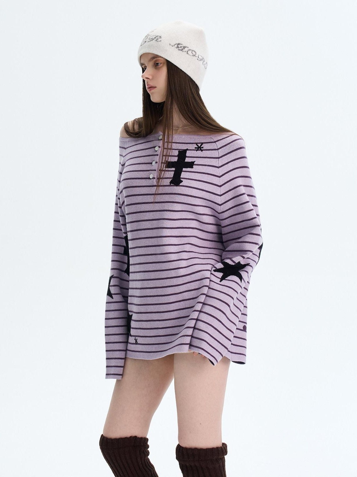 The NeverMore Sexy Colorblock Oversized Crewneck Short Striped Button Pullover Women Sweaters
