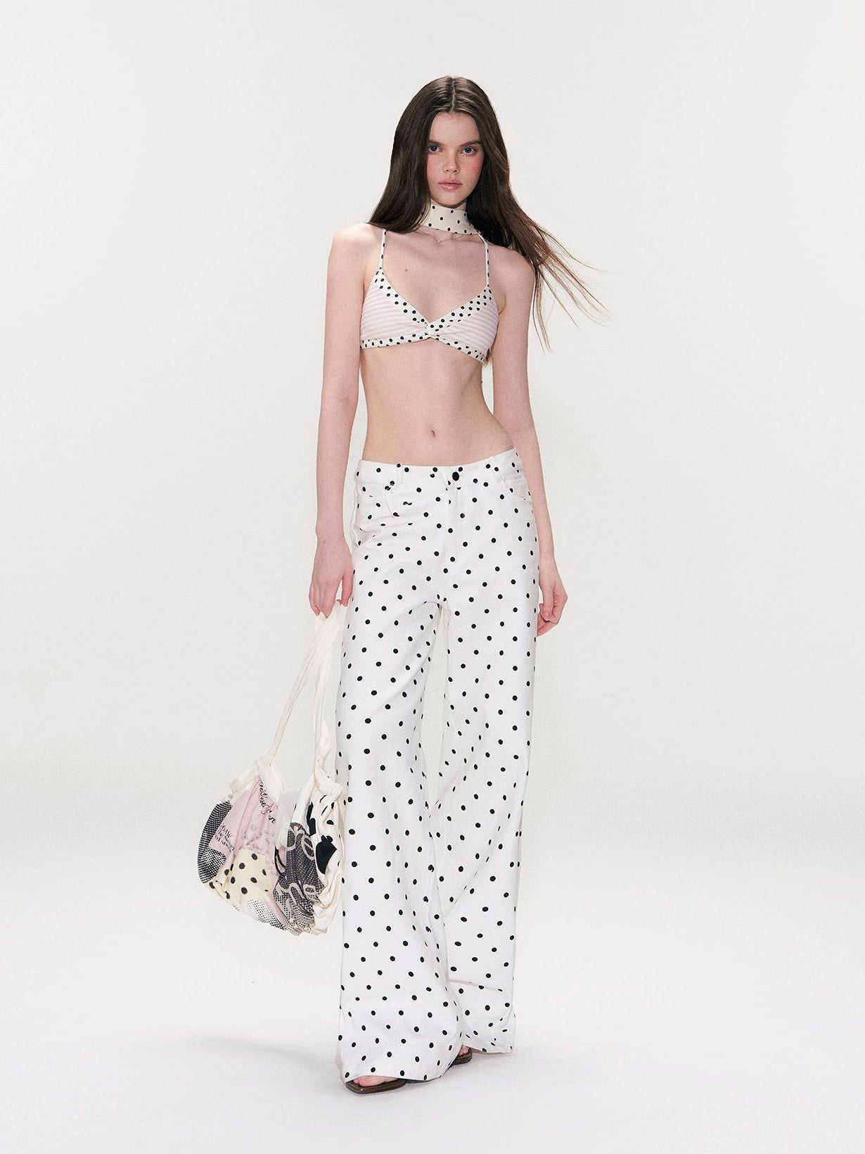 The NeverMore White Polka Dot V Waist Loose Fit Button Fly Women Denim Straight Leg Jeans
