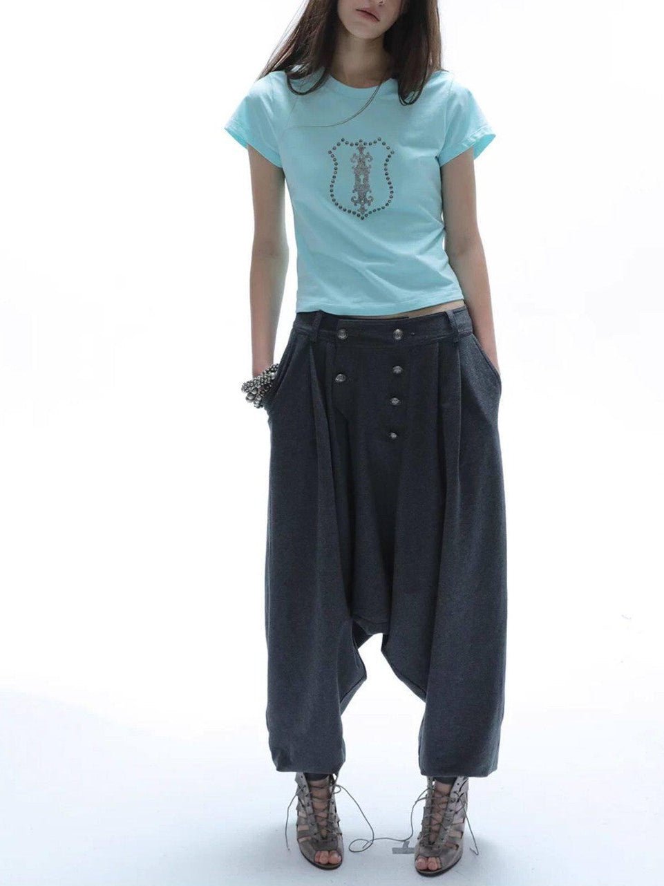 DoublePunch Cropped Hotfix Rhinestone Slim Fit Vintage Women&