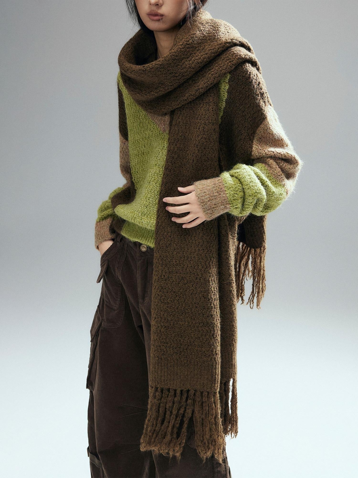 Low pixel Cozy Acrylic Blend Korean Fringe Women Brown Rectangular Decorative Scarves
